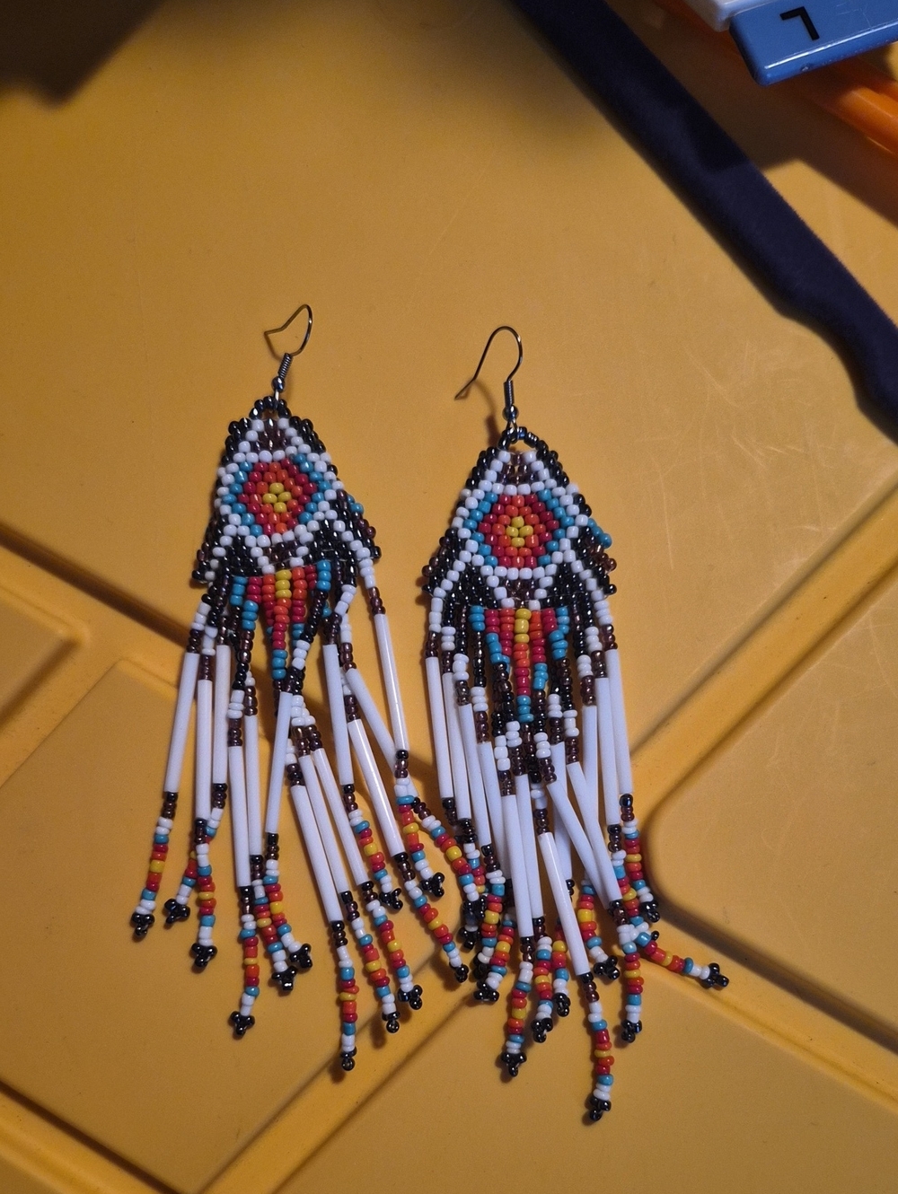 Handmade Multicolor Beaded Fringe Earrings - White, Red & Turquoise